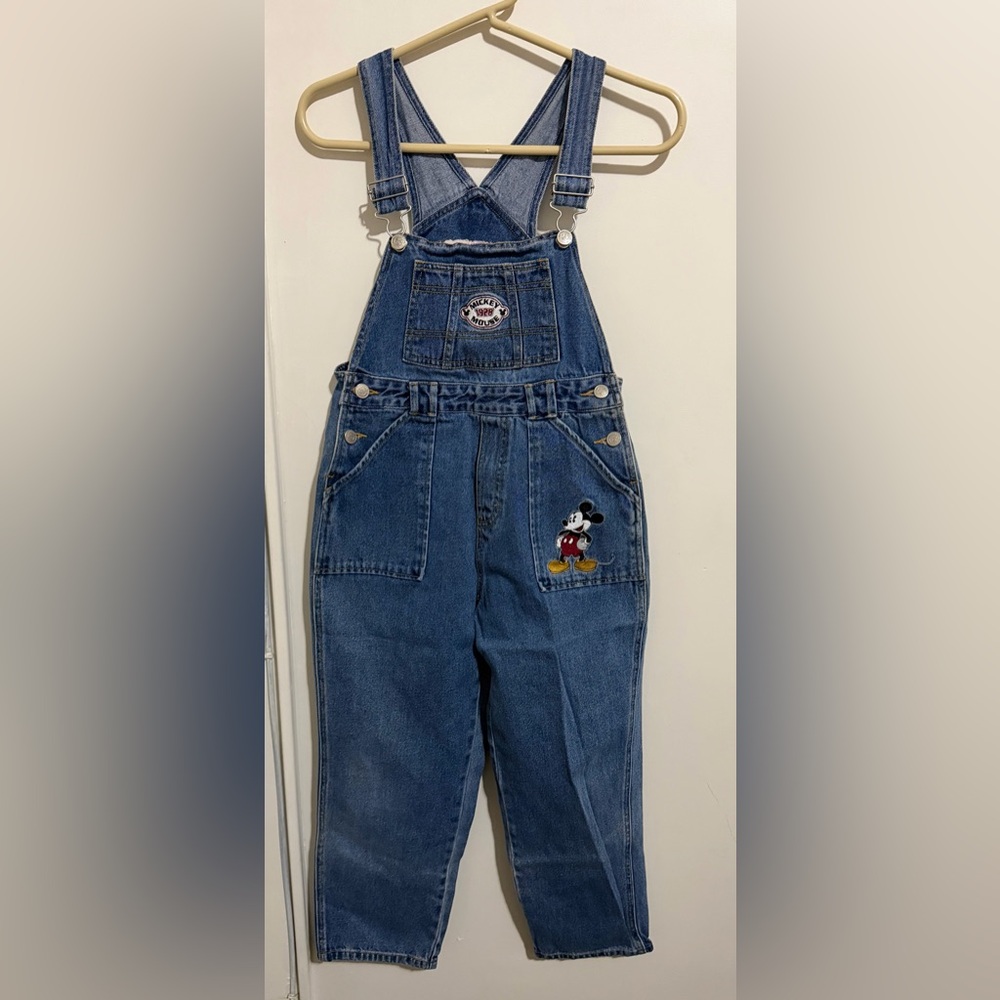 Vintage Mickey Mouse Denim Overalls Youth L 9-10 Blue Bib Jeans Disney 90s